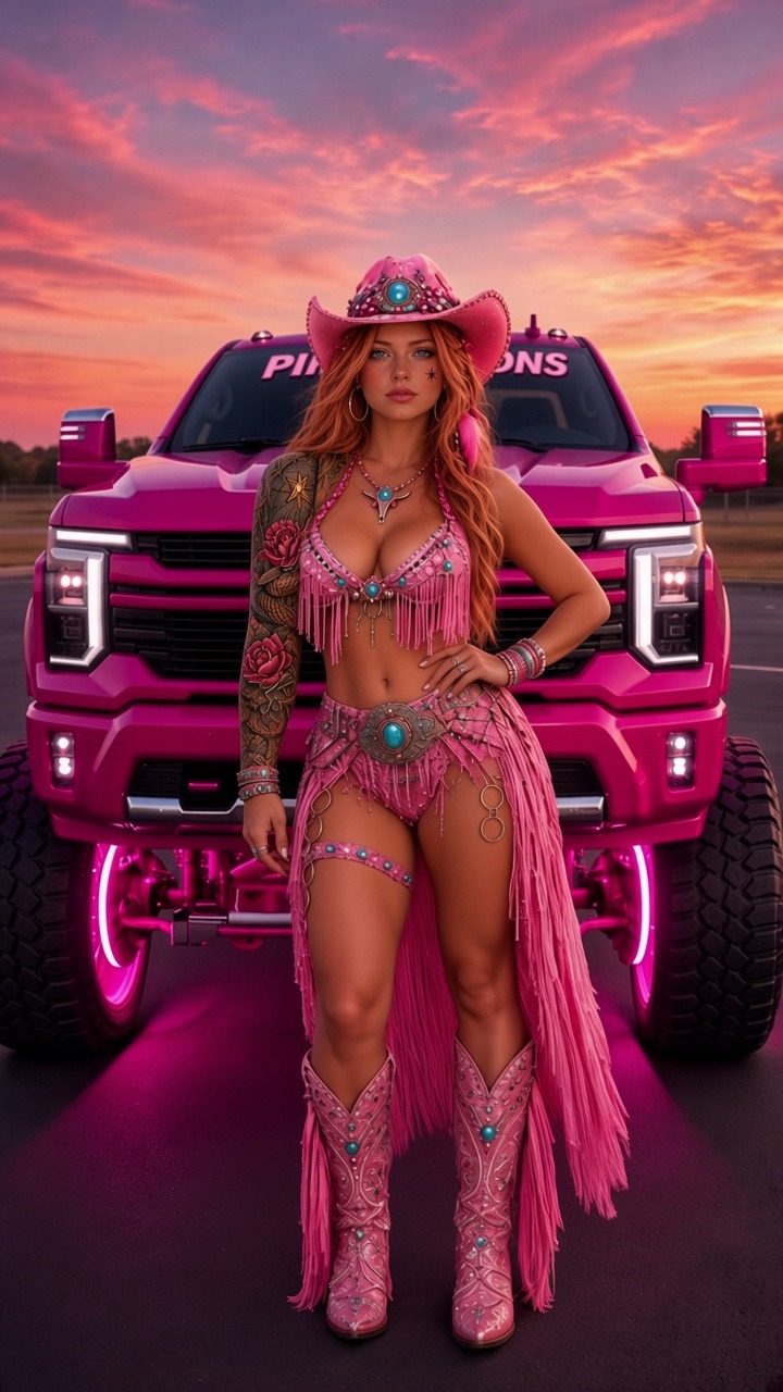 Kaylee Vance in pink fringe by a pink lifted truck, Pink Pistons video