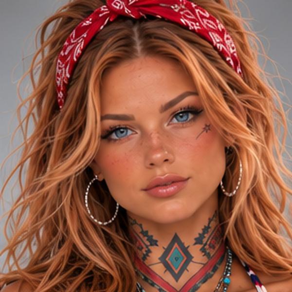 Close portrait of Kaylee Vance in a red paisley bandana