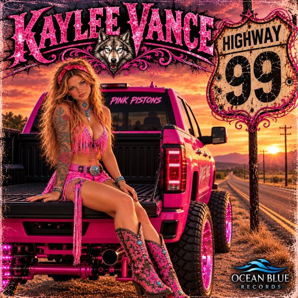 Highway 99 album cover: Kaylee Vance on a pink truck tailgate at sunset